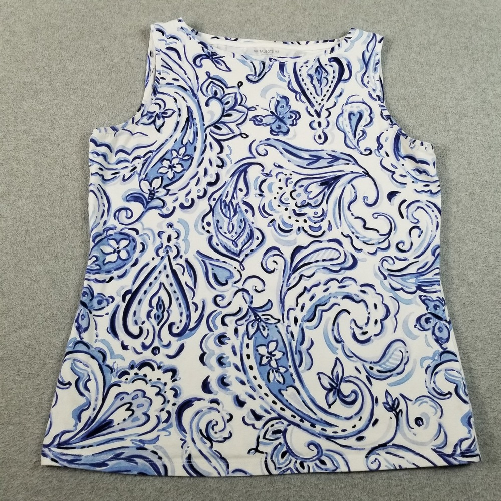 Talbots Tank Top Women PM Petite Medium White Blue Paisley Sleeveless Tee Spring